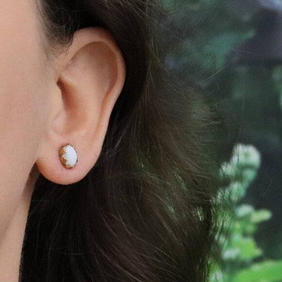 14k Yellow Gold Natural Opal Earrings Stud Post 3/8" x 1/4" - Picture 2 of 9